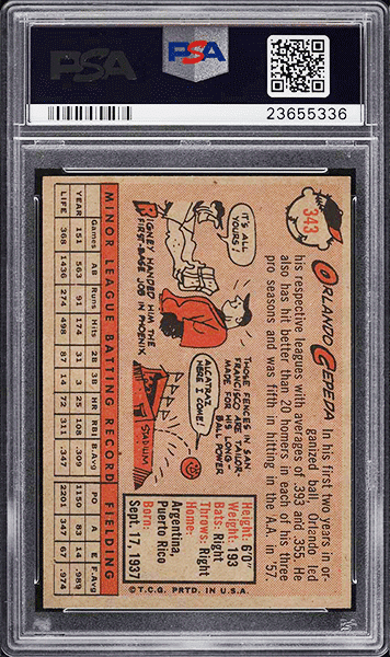 1958 Topps Orlando Cepeda ROOKIE RC #343 PSA 9 MINT back side
