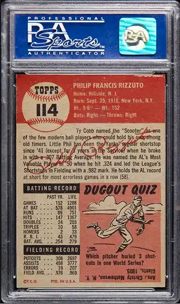 1958 Topps Phil rizzuot baseball card #114 short print graded PSA 8 back side