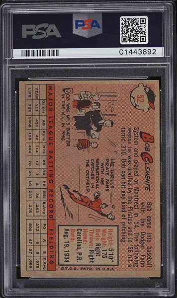 1958 Topps Roberto Clemente baseball card #52 graded PSA 9 MINT back side