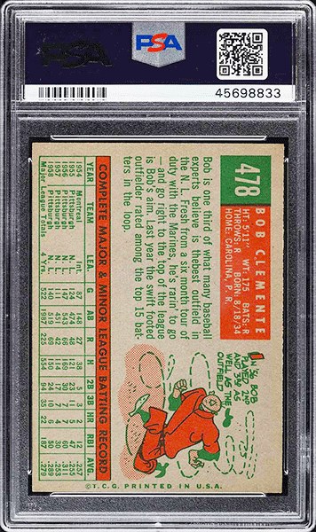 1959 Topps Roberto Clemente baseball card #478 graded PSA 9 MINT back side