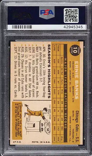 1960 Topps Ernie Banks baseball card #10 graded PSA 9 MINT back side