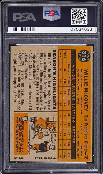 1960 Topps Willie McCovey Rookie Card #316 PSA 9 MINT back side