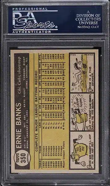 1961 Topps Ernie Banks baseball card #350 graded PSA 9 MINT back side