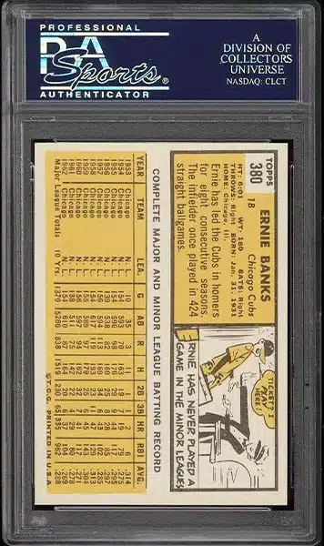 1962 Topps Ernie Banks baseball card #25 graded PSA 9 MINT back side