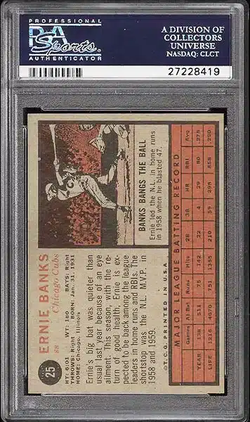 1962 Topps Ernie Banks baseball card #25 graded PSA 9 MINT back side