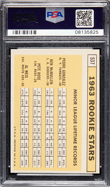 1963 Topps Pete Rose ROOKIE RC #537 PSA 9 MINT back side