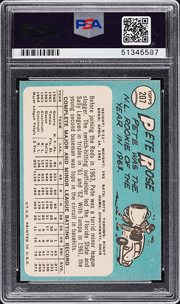 1965 Topps Pete Rose baseball card #207 PSA 9 MINT back side