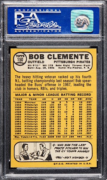 1968 Topps Roberto Clemente #150 PSA 9 NM-MT back side