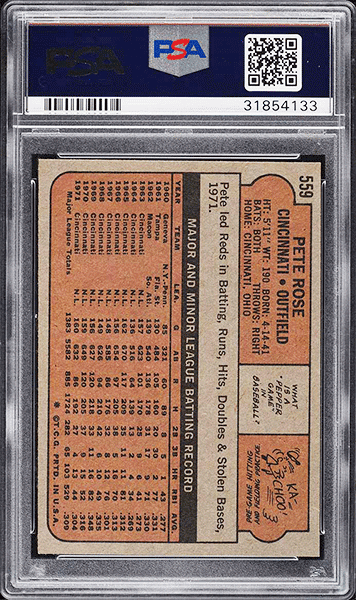 1972 Topps Pete Rose baseball card #559 PSA 9 MINT back side