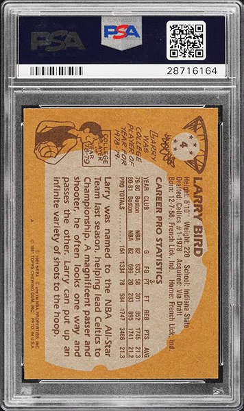 1981 Topps Basketball Larry Bird Card #4 PSA 10 GEM MINT back side