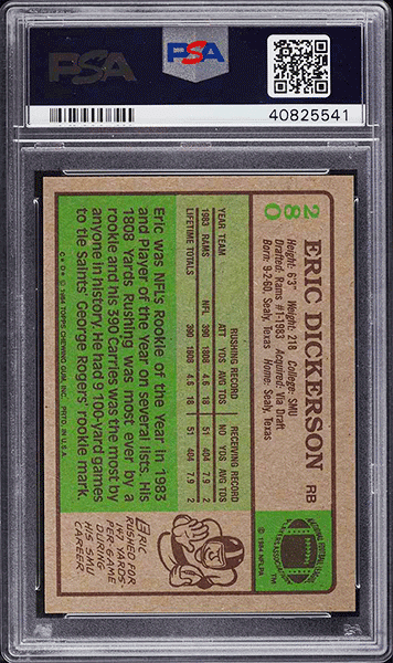 1984 Topps Football Eric Dickerson ROOKIE RC #280 PSA 10 back side