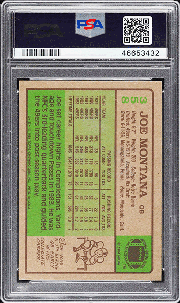 1984 Topps Football Joe Montana #358 PSA 10 back side