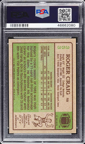 1984 Topps Football Roger Craig ROOKIE #353 PSA 10 back side