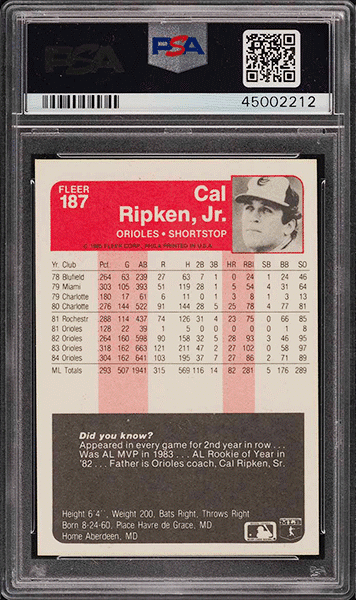 1985 Fleer Cal Ripken Jr. #187 PSA 10 GEM MINT back side