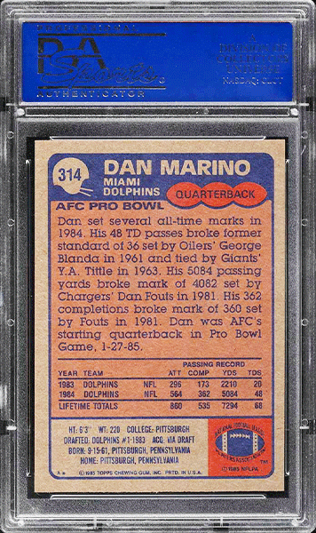 1985-Topps-Football-Dan-Marino-ALL-PRO-football-card-#314-graded-PSA-10 back side