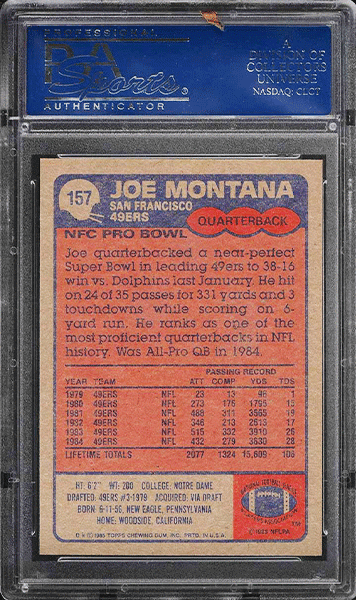1985-Topps-Football-Joe-Montana-football-card-#157-graded-PSA-10 back side
