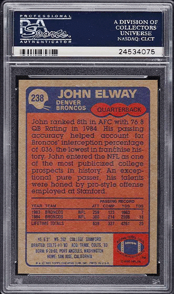 1985-Topps-Football-John-Elway-football-card-#238-graded-PSA-10 back side