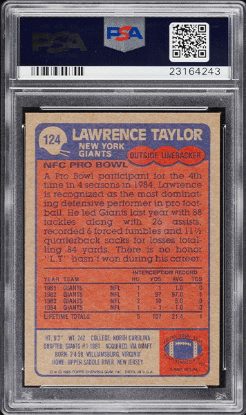 1985-Topps-Football-Lawrence-Taylor-ALL-PRO-football-card-#124-graded-PSA-10 back side