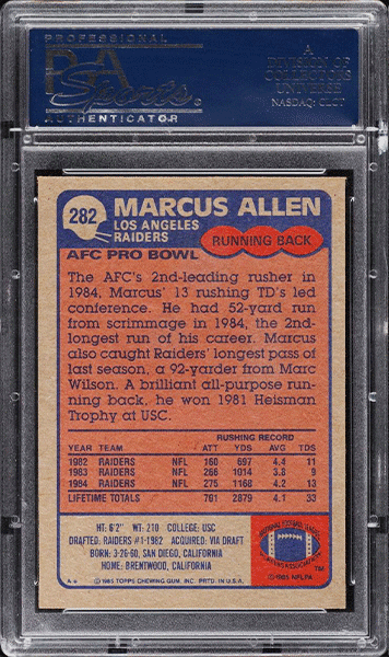 1985-Topps-Football-Marcus-Allen-football-card-#282-graded-PSA-10 back side