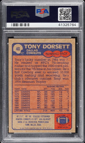 1985-Topps-Football-Tony-Dorsett-football-card-#40-graded-PSA-10 back side