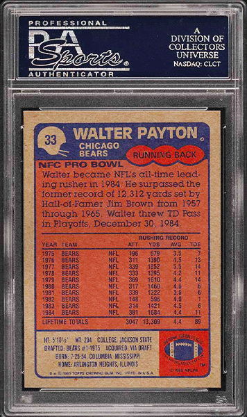 1985-Topps-Football-Walter-Payton-ALL-PRO-football-card-#33-graded-PSA-10 back side