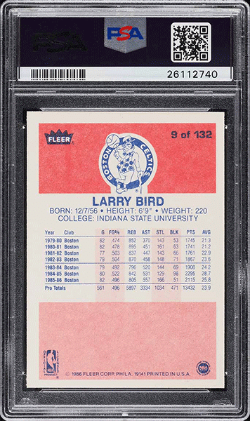1986 Fleer Basketball Larry Bird #9 PSA 10 GEM MINT back side