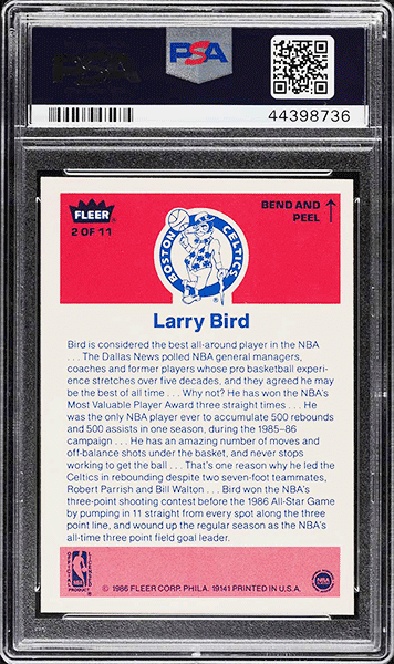 1986 Fleer Sticker Larry Bird #2 PSA 10 GEM MINT back side