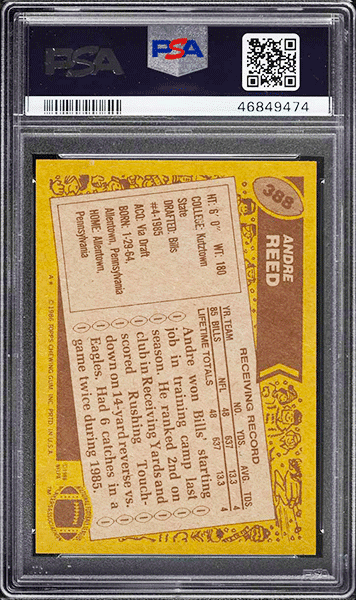 1986 Topps Football Andre Reed ROOKIE #388 PSA 10 back side