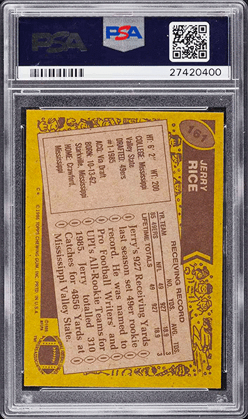 1986 Topps Football Jerry Rice ROOKIE #161 PSA 10 back side