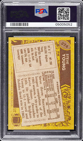 1986 Topps Football Steve Young ROOKIE #374 PSA 10 back side