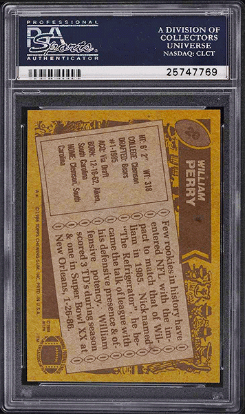1986 Topps Football William Perry ROOKIE RC #20 PSA 10 GEM MINT back side