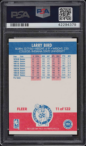 1987 Fleer Basketball Larry Bird #11 PSA 10 GEM MINT back side