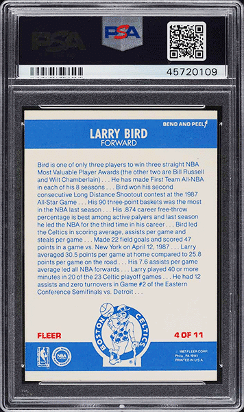 1987 Fleer Sticker Larry Bird #4 PSA 10 GEM MINT back side