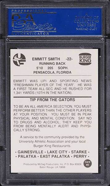 1988 Burger King Florida Gators Emmitt Smith ROOKIE RC #2 PSA 10 GEM MINT back side