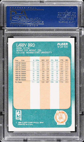 1988 Fleer Basketball Larry Bird #9 PSA 10 GEM MINT back side