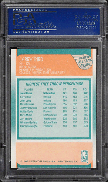 1988 Fleer Basketball Larry Bird ALL-STAR #124 PSA 10 GEM MINT back side