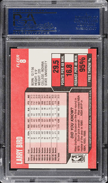 1989 Fleer Basketball Larry Bird #8 PSA 10 GEM MINT back side