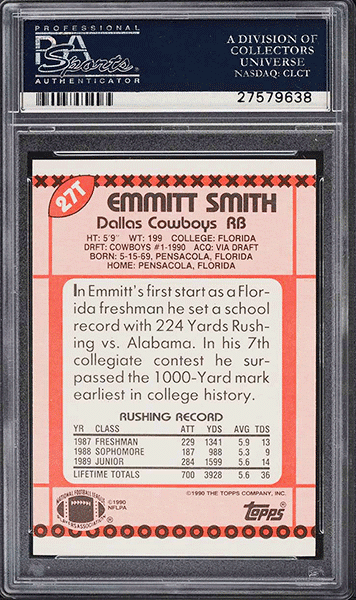 1990 Topps Traded Emmitt Smith ROOKIE #27T PSA 10 GEM MINT back side