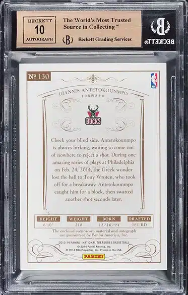 2013 National Treasures Giannis Antetokounmpo ROOKIE PATCH AUTO /99 #130 BGS 9.5 back side