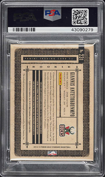 2013 Panini Gold Standard Giannis Antetokounmpo ROOKIE PATCH AUTO DNA 10 PSA 10 back side