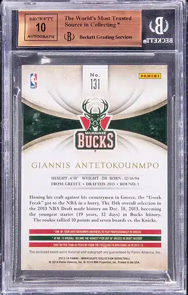 2013 Panini Immaculate Collection Giannis Antetokounmpo rookie patch autograph graded BGS 9.5 back side