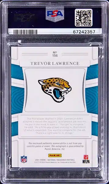 2021 Panini National Treasures Rookie Patch Autograph (RPA) Purple #156 Trevor Lawrence Signed Patch Rookie Card (#21/49) - PSA GEM MT 10 back side