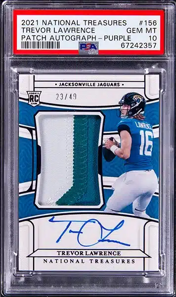 2021 Panini National Treasures Rookie Patch Autograph (RPA) Purple #156 Trevor Lawrence Signed Patch Rookie Card (#21/49) - PSA GEM MT 10