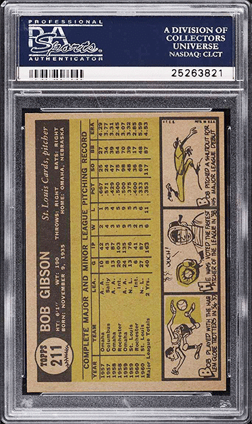 1961 Topps Bob Gibson baseball card #211 graded PSA 9 back side