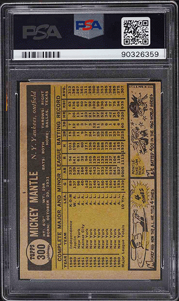 1961 Topps Mickey Mantle baseball card #300 graded PSA 9 back side