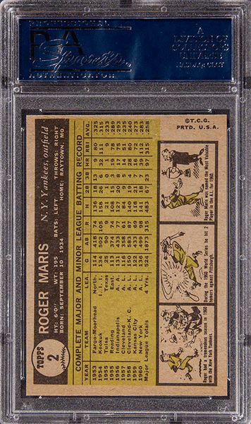 1961 Topps Roger Maris baseball card #2 graded PSA 9 back side