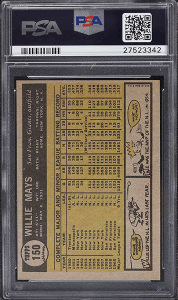 1961 Topps Willie Mays baseball card #150 graded PSA 9 back side