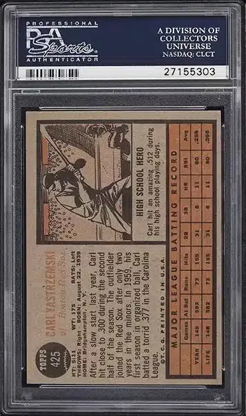 1962 Topps Carl Yastrzemski #425 PSA 8 back side