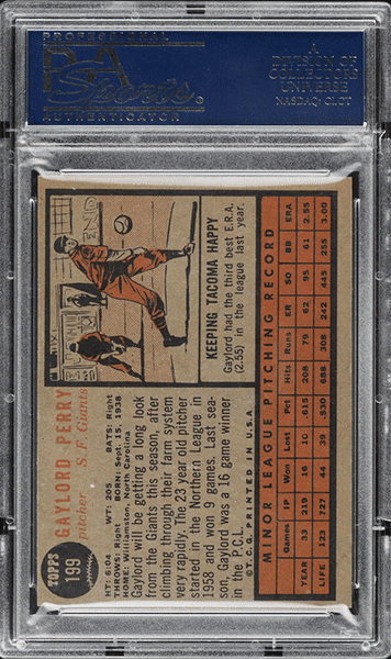 1962 Topps Gaylord Perry ROOKIE #199 PSA 8 back side