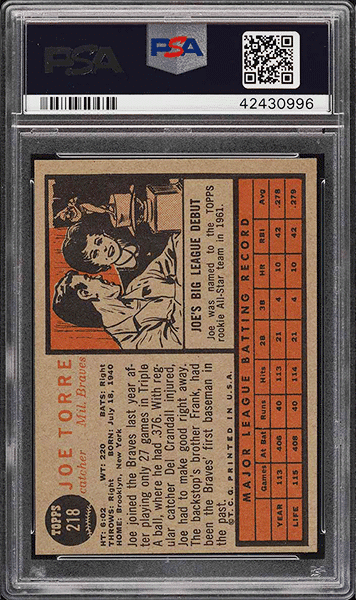 1962 Topps Joe Torre ROOKIE RC baseball card #218 graded PSA 8 back side
